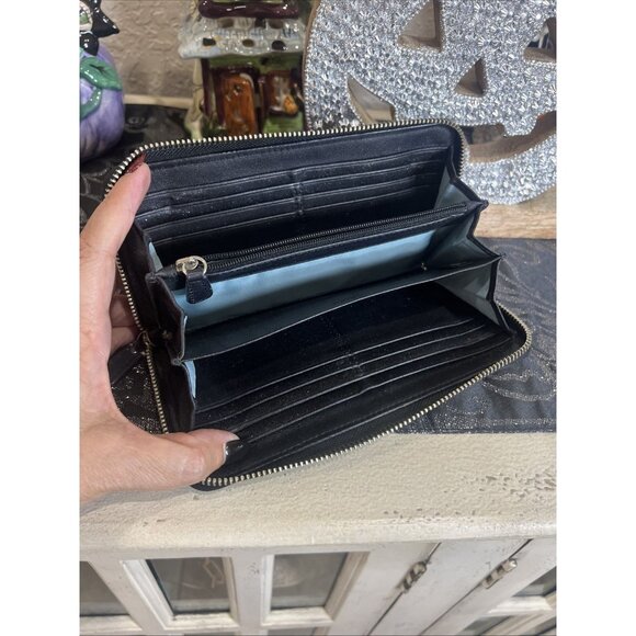 Coach Wallet Zoe Double Buckles Black Jacquard Leather Accordion Zip - Picture 8 of 13